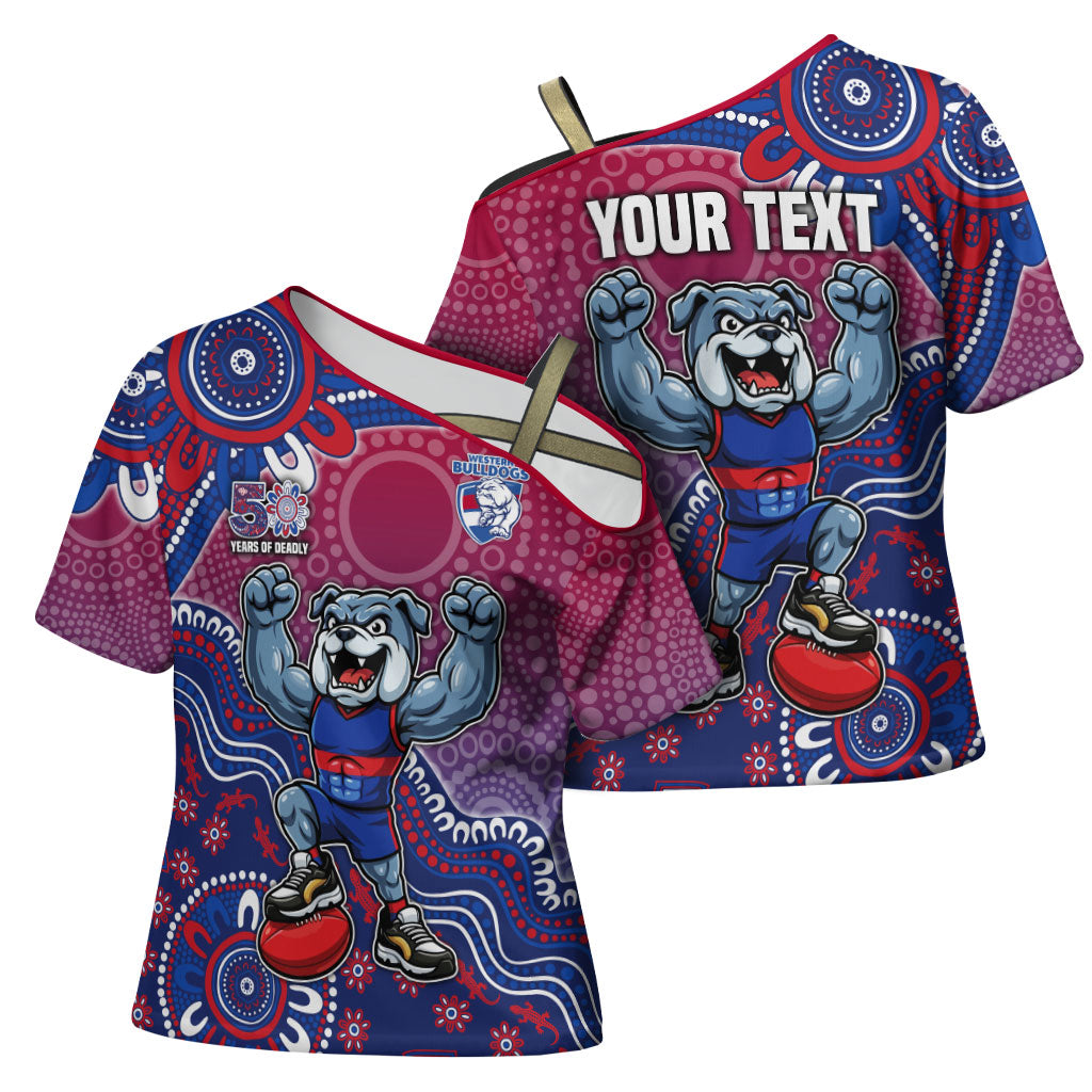 Personalized Western Bulldogs Football Mascot Cross Shoulder Shirt Aboriginal Dot Art Style Vibrant Indigenous Pattern Design