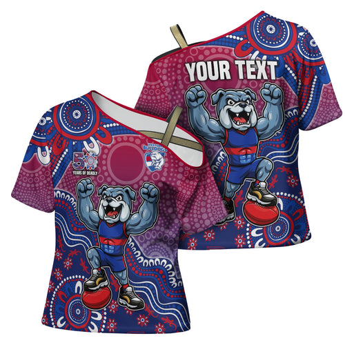Personalized Western Bulldogs Football Mascot Cross Shoulder Shirt Aboriginal Dot Art Style Vibrant Indigenous Pattern Design