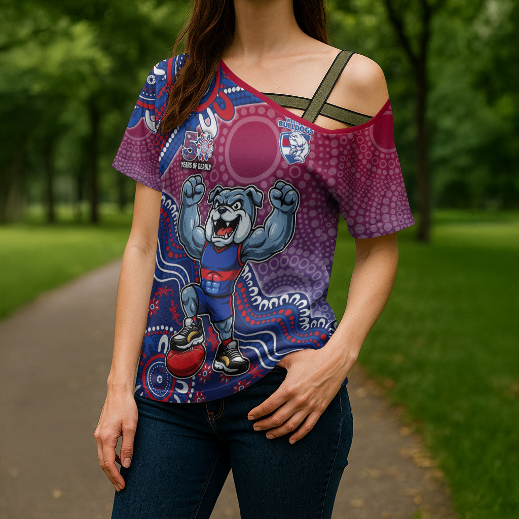 Personalized Western Bulldogs Football Mascot Cross Shoulder Shirt Aboriginal Dot Art Style Vibrant Indigenous Pattern Design