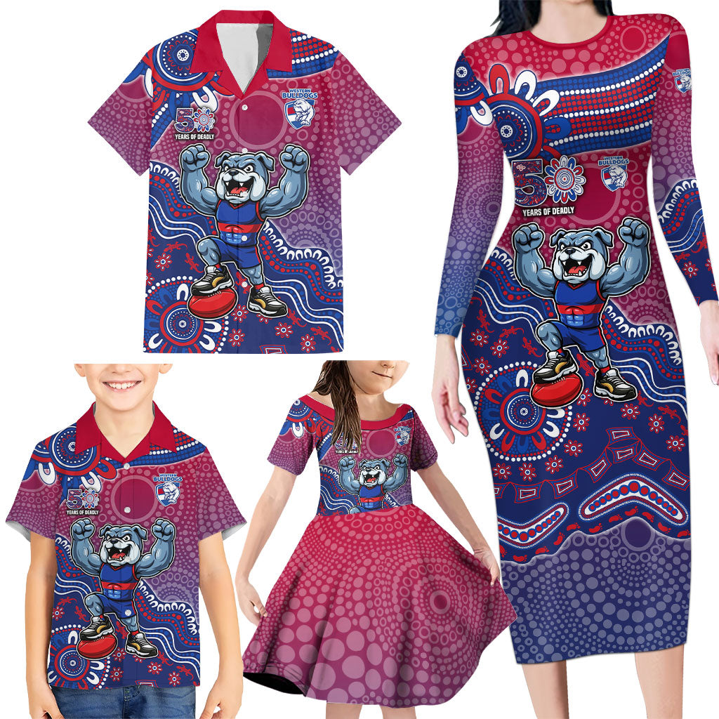 Personalized Western Bulldogs Football Mascot Family Matching Long Sleeve Bodycon Dress and Hawaiian Shirt Aboriginal Dot Art Style Vibrant Indigenous Pattern Design