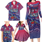 Personalized Western Bulldogs Football Mascot Family Matching Long Sleeve Bodycon Dress and Hawaiian Shirt Aboriginal Dot Art Style Vibrant Indigenous Pattern Design