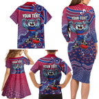 Personalized Western Bulldogs Football Mascot Family Matching Long Sleeve Bodycon Dress and Hawaiian Shirt Aboriginal Dot Art Style Vibrant Indigenous Pattern Design