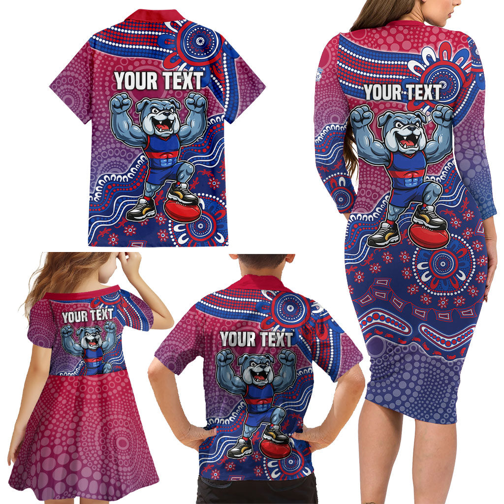 Personalized Western Bulldogs Football Mascot Family Matching Long Sleeve Bodycon Dress and Hawaiian Shirt Aboriginal Dot Art Style Vibrant Indigenous Pattern Design