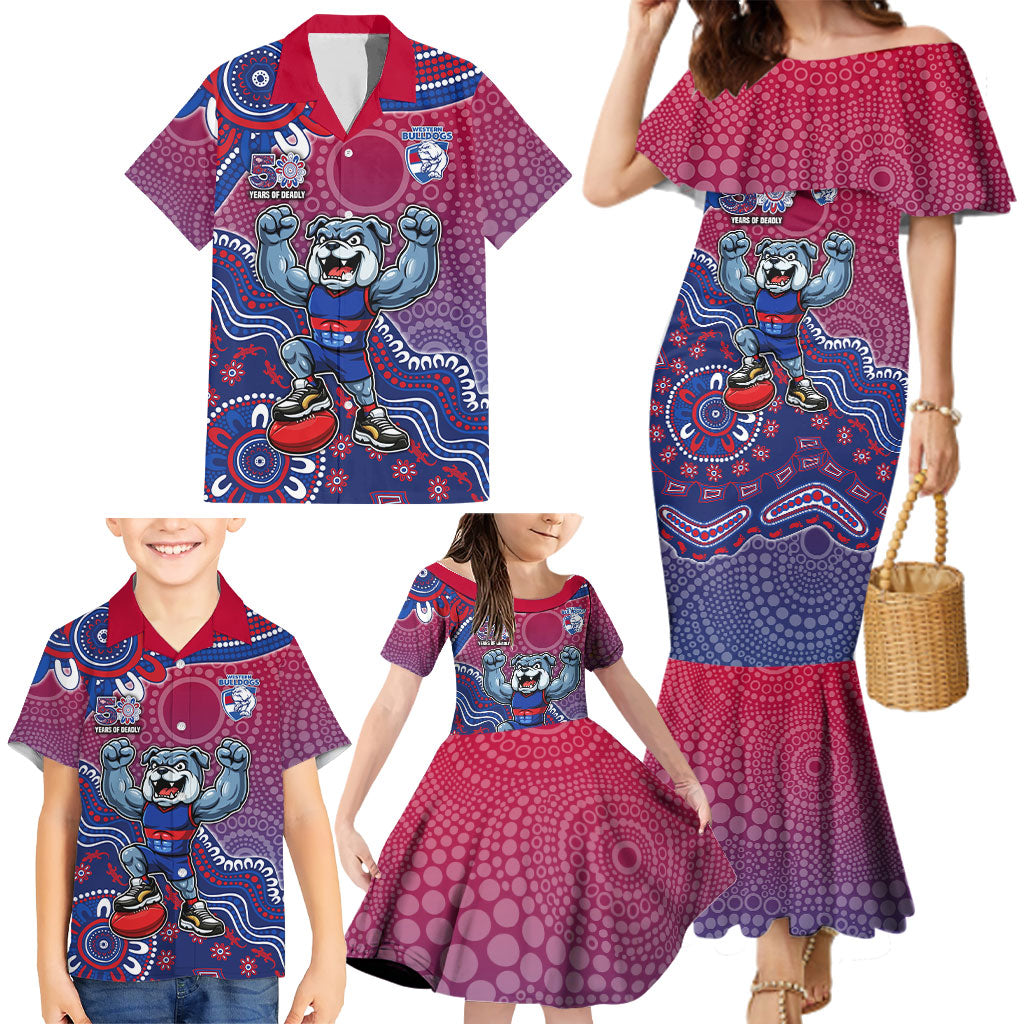 Personalized Western Bulldogs Football Mascot Family Matching Mermaid Dress and Hawaiian Shirt Aboriginal Dot Art Style Vibrant Indigenous Pattern Design