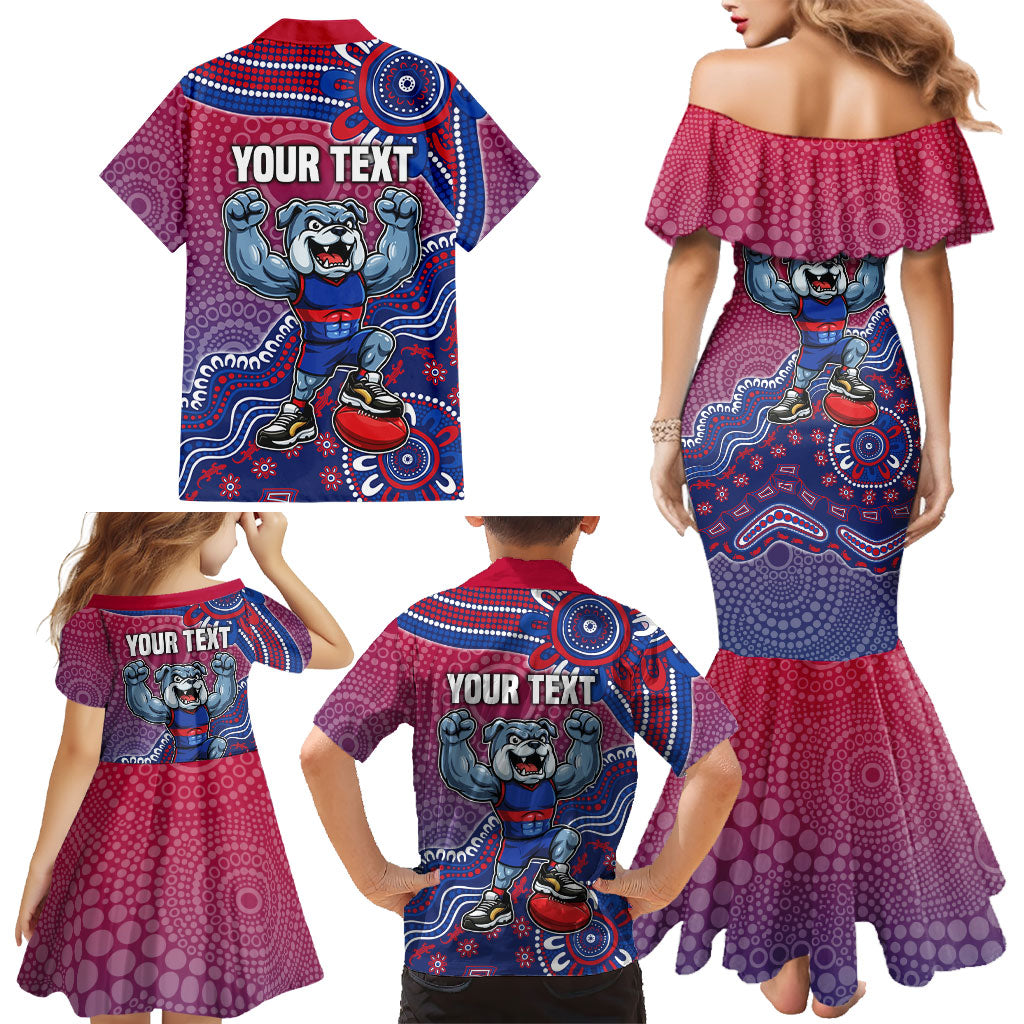 Personalized Western Bulldogs Football Mascot Family Matching Mermaid Dress and Hawaiian Shirt Aboriginal Dot Art Style Vibrant Indigenous Pattern Design