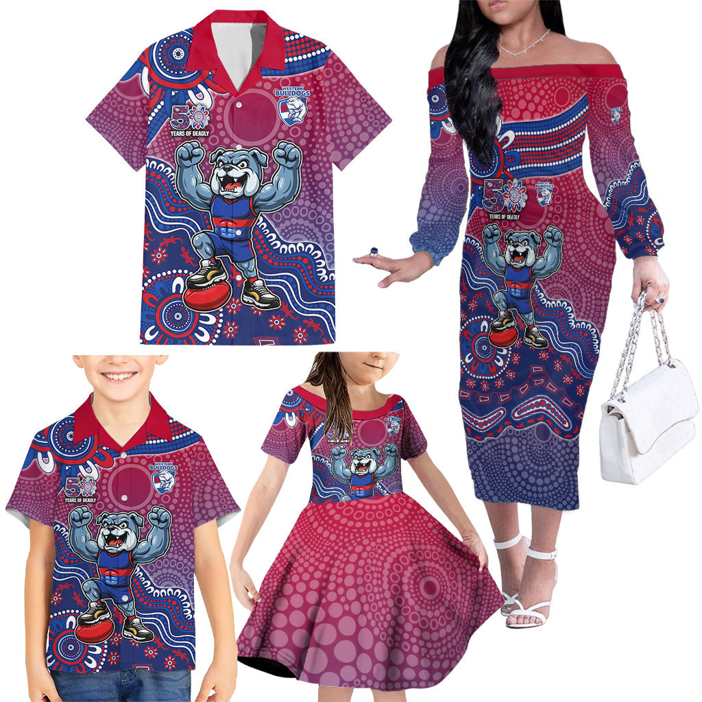 Personalized Western Bulldogs Football Mascot Family Matching Off The Shoulder Long Sleeve Dress and Hawaiian Shirt Aboriginal Dot Art Style Vibrant Indigenous Pattern Design