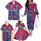 Personalized Western Bulldogs Football Mascot Family Matching Off The Shoulder Long Sleeve Dress and Hawaiian Shirt Aboriginal Dot Art Style Vibrant Indigenous Pattern Design