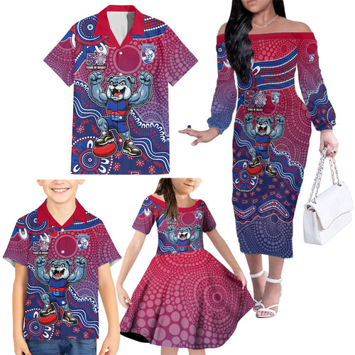 Personalized Western Bulldogs Football Mascot Family Matching Off The Shoulder Long Sleeve Dress and Hawaiian Shirt Aboriginal Dot Art Style Vibrant Indigenous Pattern Design