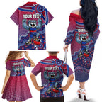 Personalized Western Bulldogs Football Mascot Family Matching Off The Shoulder Long Sleeve Dress and Hawaiian Shirt Aboriginal Dot Art Style Vibrant Indigenous Pattern Design
