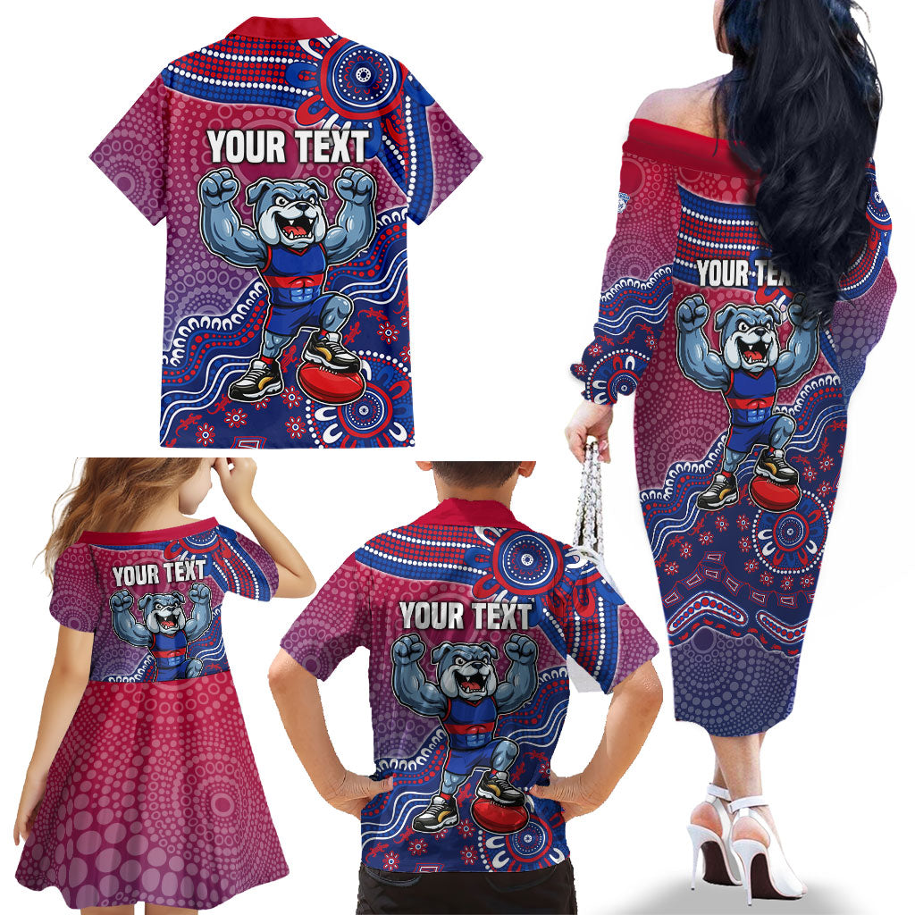 Personalized Western Bulldogs Football Mascot Family Matching Off The Shoulder Long Sleeve Dress and Hawaiian Shirt Aboriginal Dot Art Style Vibrant Indigenous Pattern Design
