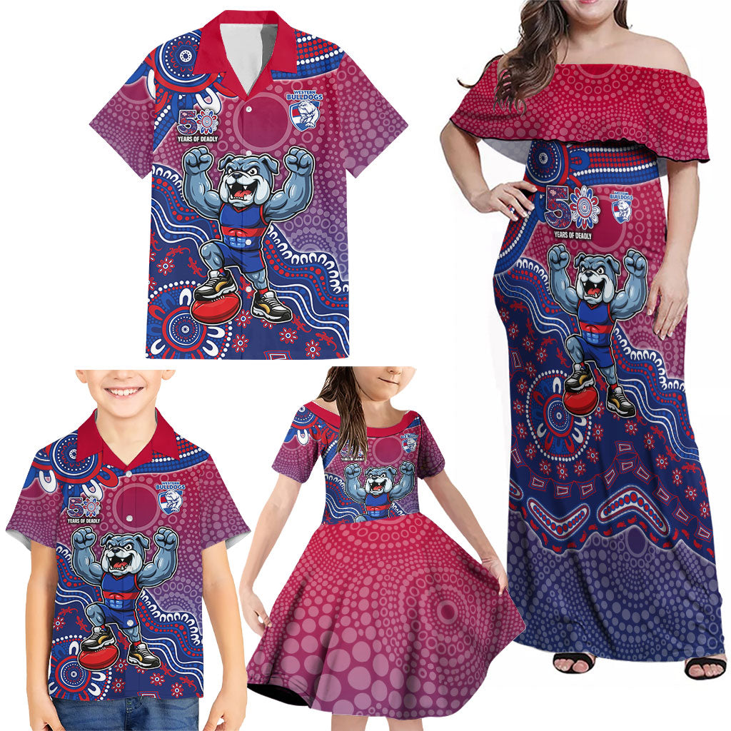 Personalized Western Bulldogs Football Mascot Family Matching Off Shoulder Maxi Dress and Hawaiian Shirt Aboriginal Dot Art Style Vibrant Indigenous Pattern Design