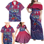 Personalized Western Bulldogs Football Mascot Family Matching Off Shoulder Maxi Dress and Hawaiian Shirt Aboriginal Dot Art Style Vibrant Indigenous Pattern Design