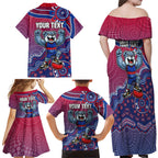 Personalized Western Bulldogs Football Mascot Family Matching Off Shoulder Maxi Dress and Hawaiian Shirt Aboriginal Dot Art Style Vibrant Indigenous Pattern Design