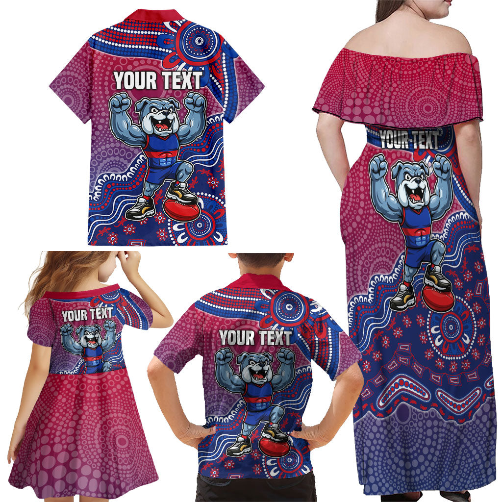 Personalized Western Bulldogs Football Mascot Family Matching Off Shoulder Maxi Dress and Hawaiian Shirt Aboriginal Dot Art Style Vibrant Indigenous Pattern Design