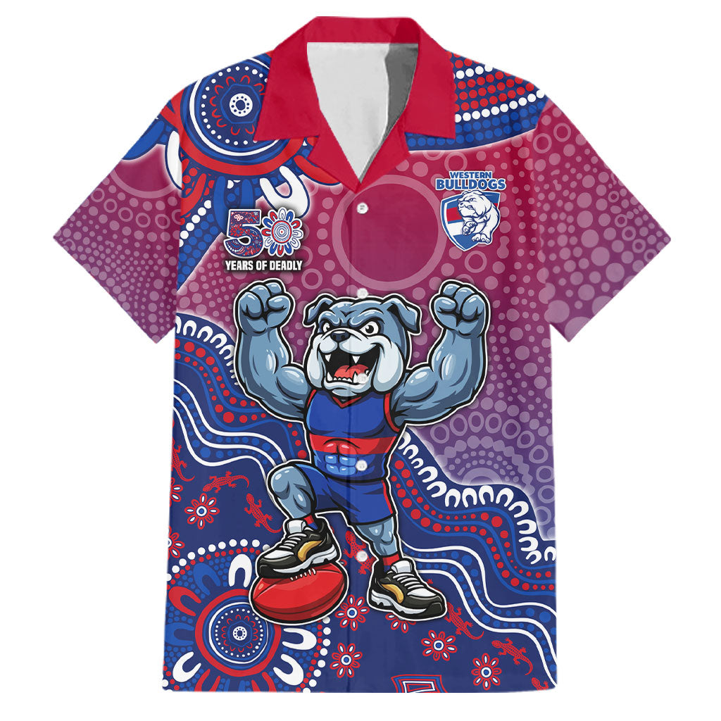 Personalized Western Bulldogs Football Mascot Family Matching Off Shoulder Maxi Dress and Hawaiian Shirt Aboriginal Dot Art Style Vibrant Indigenous Pattern Design