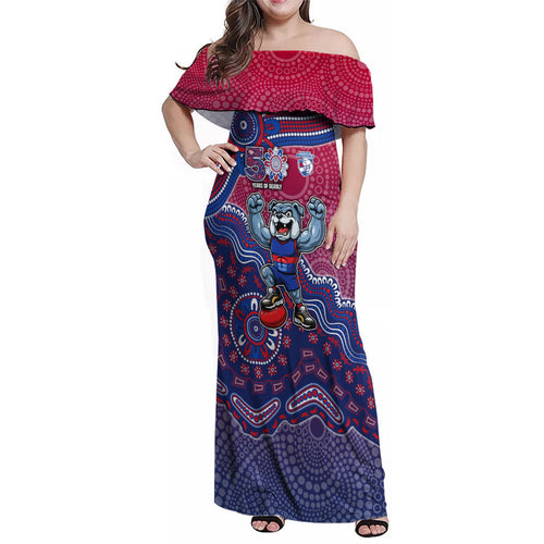 Personalized Western Bulldogs Football Mascot Family Matching Off Shoulder Maxi Dress and Hawaiian Shirt Aboriginal Dot Art Style Vibrant Indigenous Pattern Design
