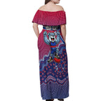 Personalized Western Bulldogs Football Mascot Family Matching Off Shoulder Maxi Dress and Hawaiian Shirt Aboriginal Dot Art Style Vibrant Indigenous Pattern Design