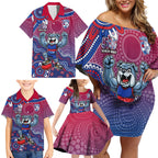 Personalized Western Bulldogs Football Mascot Family Matching Off Shoulder Short Dress and Hawaiian Shirt Aboriginal Dot Art Style Vibrant Indigenous Pattern Design