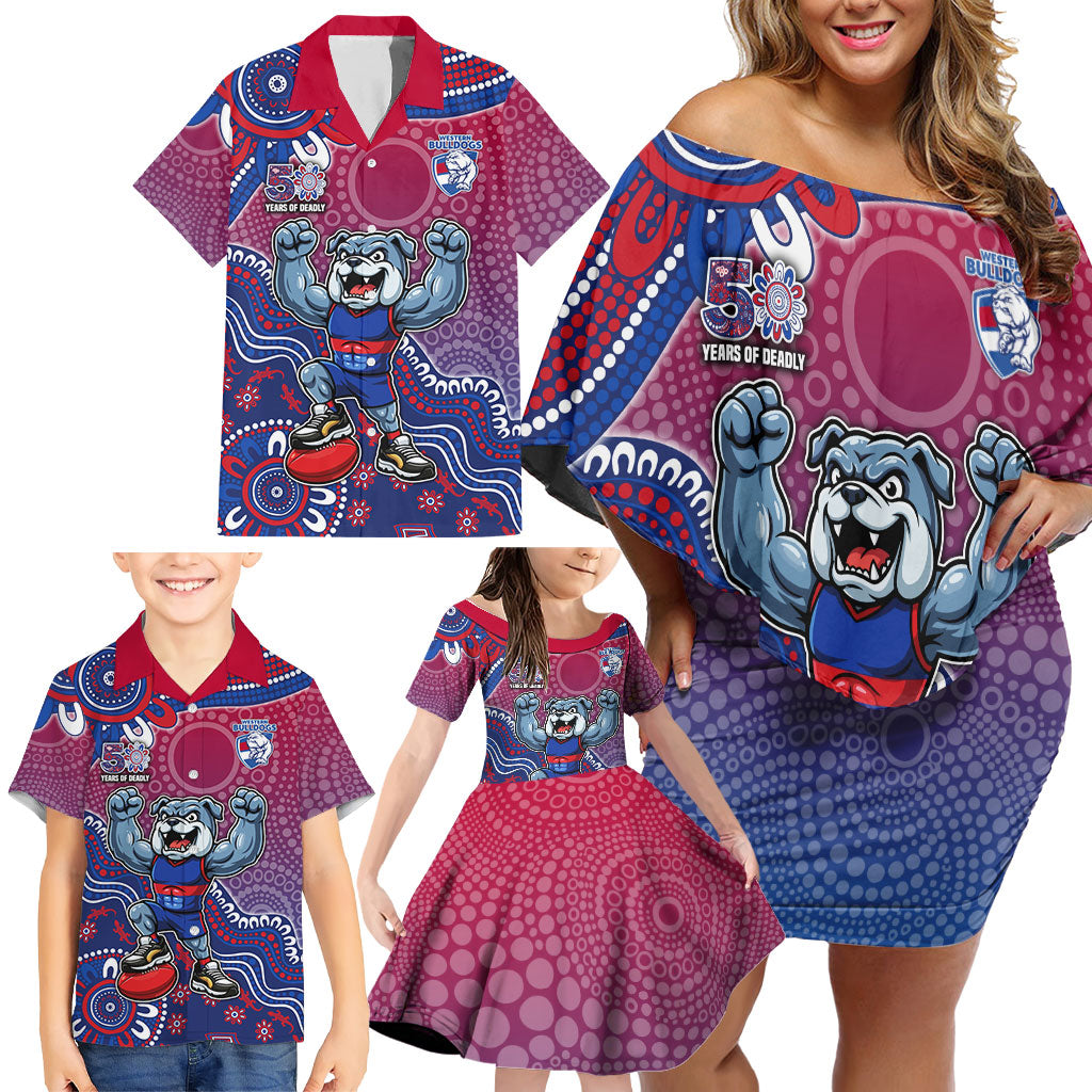 Personalized Western Bulldogs Football Mascot Family Matching Off Shoulder Short Dress and Hawaiian Shirt Aboriginal Dot Art Style Vibrant Indigenous Pattern Design