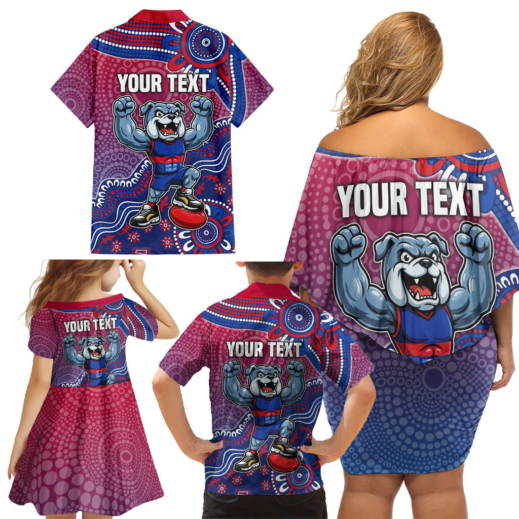 Personalized Western Bulldogs Football Mascot Family Matching Off Shoulder Short Dress and Hawaiian Shirt Aboriginal Dot Art Style Vibrant Indigenous Pattern Design