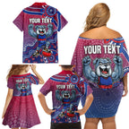Personalized Western Bulldogs Football Mascot Family Matching Off Shoulder Short Dress and Hawaiian Shirt Aboriginal Dot Art Style Vibrant Indigenous Pattern Design