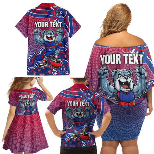 Personalized Western Bulldogs Football Mascot Family Matching Off Shoulder Short Dress and Hawaiian Shirt Aboriginal Dot Art Style Vibrant Indigenous Pattern Design