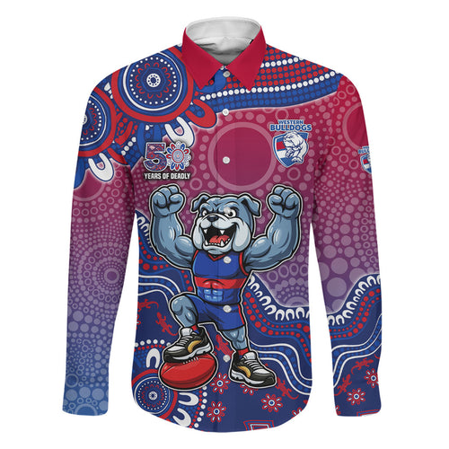 Personalized Western Bulldogs Football Mascot Family Matching Off Shoulder Short Dress and Hawaiian Shirt Aboriginal Dot Art Style Vibrant Indigenous Pattern Design
