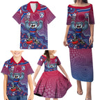 Personalized Western Bulldogs Football Mascot Family Matching Puletasi and Hawaiian Shirt Aboriginal Dot Art Style Vibrant Indigenous Pattern Design