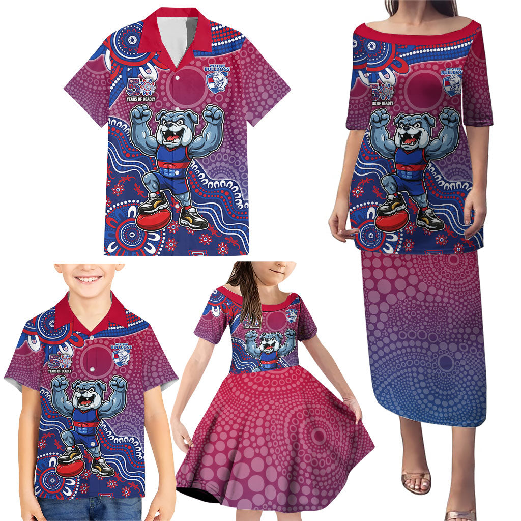 Personalized Western Bulldogs Football Mascot Family Matching Puletasi and Hawaiian Shirt Aboriginal Dot Art Style Vibrant Indigenous Pattern Design