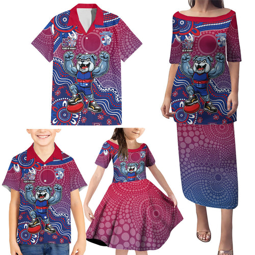 Personalized Western Bulldogs Football Mascot Family Matching Puletasi and Hawaiian Shirt Aboriginal Dot Art Style Vibrant Indigenous Pattern Design