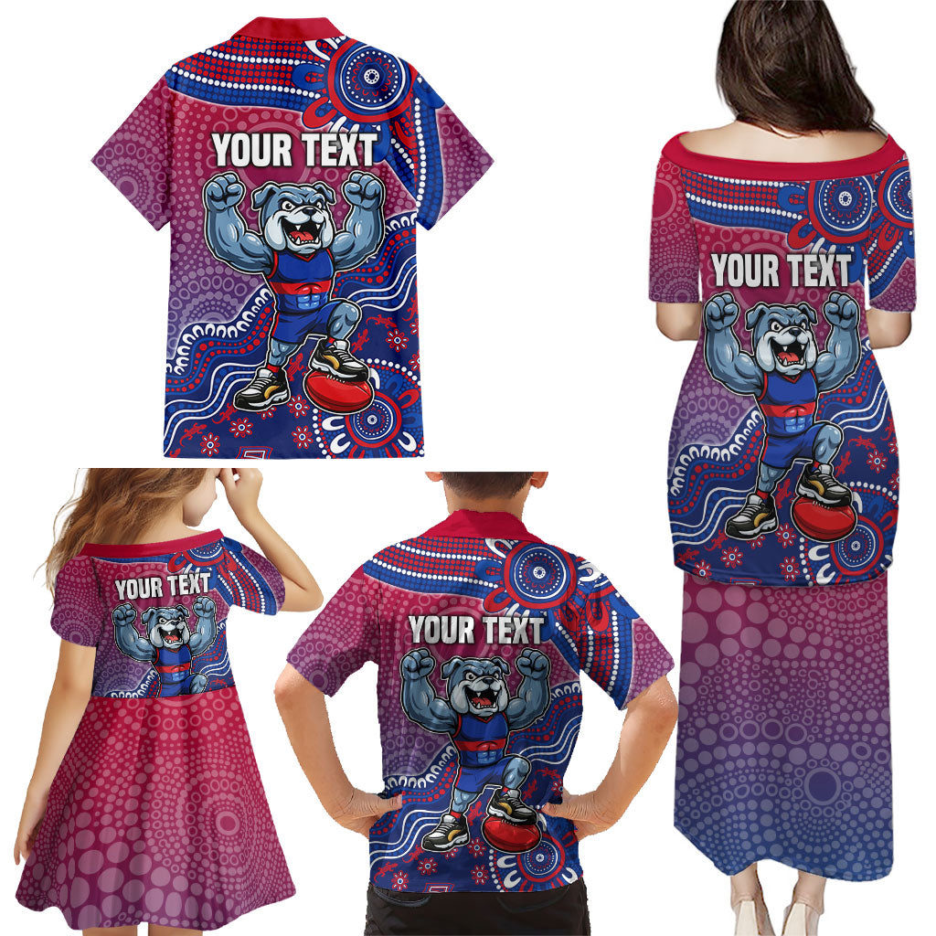 Personalized Western Bulldogs Football Mascot Family Matching Puletasi and Hawaiian Shirt Aboriginal Dot Art Style Vibrant Indigenous Pattern Design