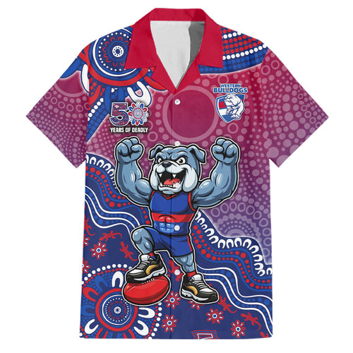 Personalized Western Bulldogs Football Mascot Family Matching Puletasi and Hawaiian Shirt Aboriginal Dot Art Style Vibrant Indigenous Pattern Design