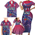 Personalized Western Bulldogs Football Mascot Family Matching Short Sleeve Bodycon Dress and Hawaiian Shirt Aboriginal Dot Art Style Vibrant Indigenous Pattern Design