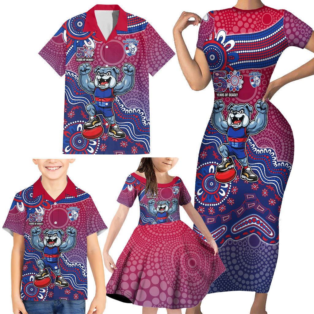 Personalized Western Bulldogs Football Mascot Family Matching Short Sleeve Bodycon Dress and Hawaiian Shirt Aboriginal Dot Art Style Vibrant Indigenous Pattern Design