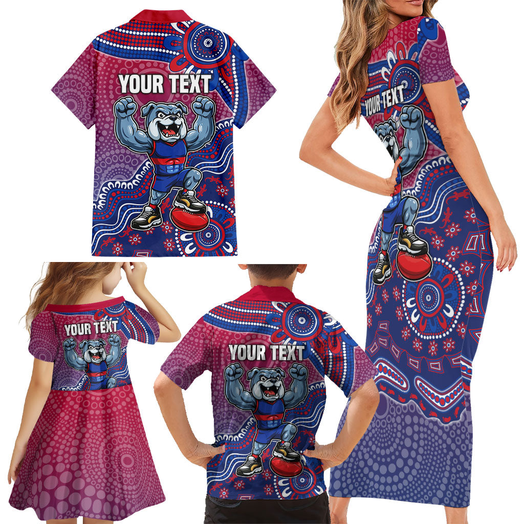 Personalized Western Bulldogs Football Mascot Family Matching Short Sleeve Bodycon Dress and Hawaiian Shirt Aboriginal Dot Art Style Vibrant Indigenous Pattern Design