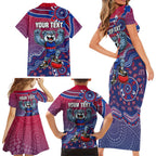 Personalized Western Bulldogs Football Mascot Family Matching Short Sleeve Bodycon Dress and Hawaiian Shirt Aboriginal Dot Art Style Vibrant Indigenous Pattern Design