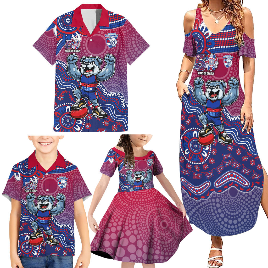 Personalized Western Bulldogs Football Mascot Family Matching Summer Maxi Dress and Hawaiian Shirt Aboriginal Dot Art Style Vibrant Indigenous Pattern Design
