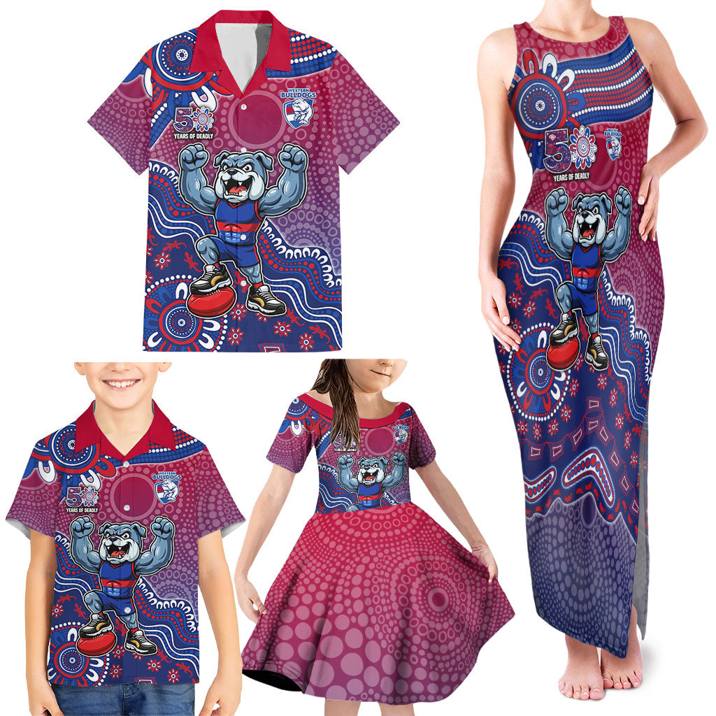 Personalized Western Bulldogs Football Mascot Family Matching Tank Maxi Dress and Hawaiian Shirt Aboriginal Dot Art Style Vibrant Indigenous Pattern Design