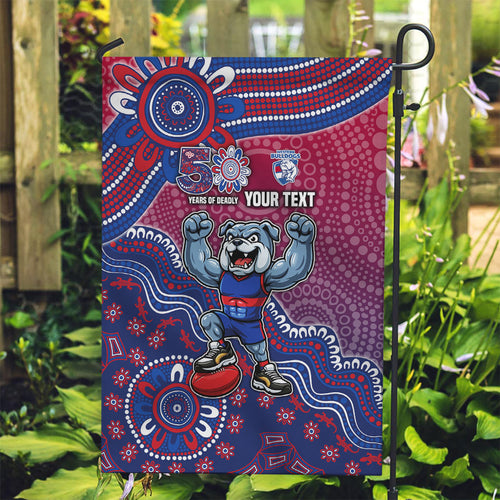 Personalized Western Bulldogs Football Mascot Garden Flag Aboriginal Dot Art Style Vibrant Indigenous Pattern Design