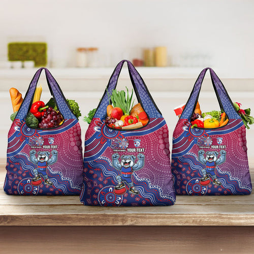 Personalized Western Bulldogs Football Mascot Grocery Bag Aboriginal Dot Art Style Vibrant Indigenous Pattern Design