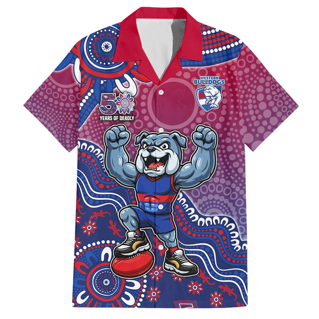 Personalized Western Bulldogs Football Mascot Hawaiian Shirt Aboriginal Dot Art Style Vibrant Indigenous Pattern Design