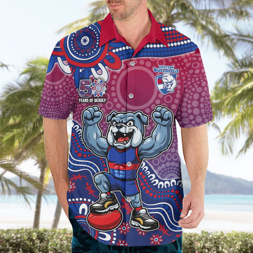 Personalized Western Bulldogs Football Mascot Hawaiian Shirt Aboriginal Dot Art Style Vibrant Indigenous Pattern Design