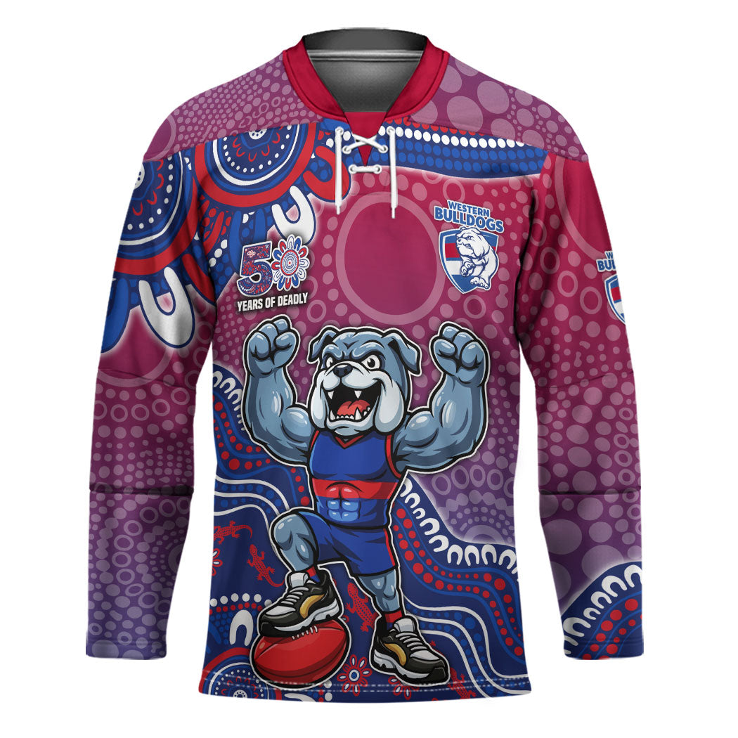 Personalized Western Bulldogs Football Mascot Hockey Jersey Aboriginal Dot Art Style Vibrant Indigenous Pattern Design