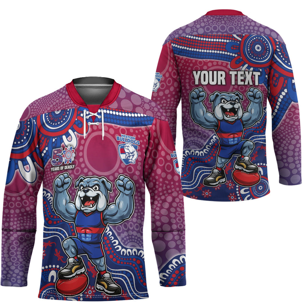 Personalized Western Bulldogs Football Mascot Hockey Jersey Aboriginal Dot Art Style Vibrant Indigenous Pattern Design