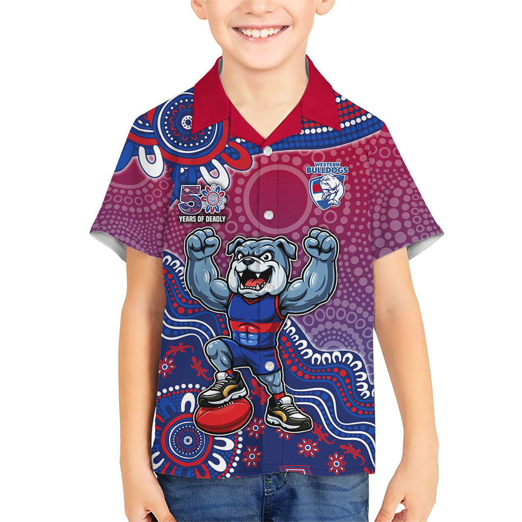 Personalized Western Bulldogs Football Mascot Kid Hawaiian Shirt Aboriginal Dot Art Style Vibrant Indigenous Pattern Design
