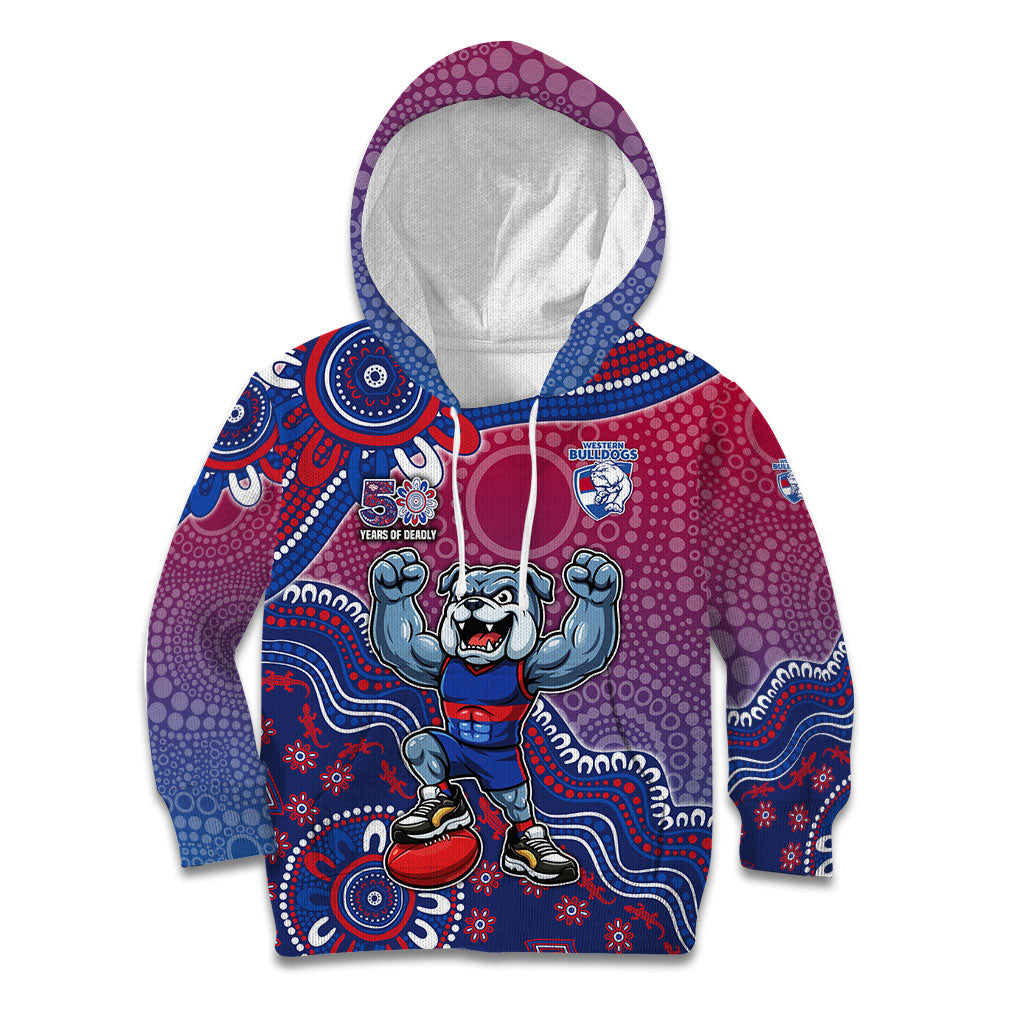 Personalized Western Bulldogs Football Mascot Kid Hoodie Aboriginal Dot Art Style Vibrant Indigenous Pattern Design