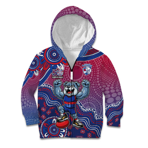 Personalized Western Bulldogs Football Mascot Kid Hoodie Aboriginal Dot Art Style Vibrant Indigenous Pattern Design