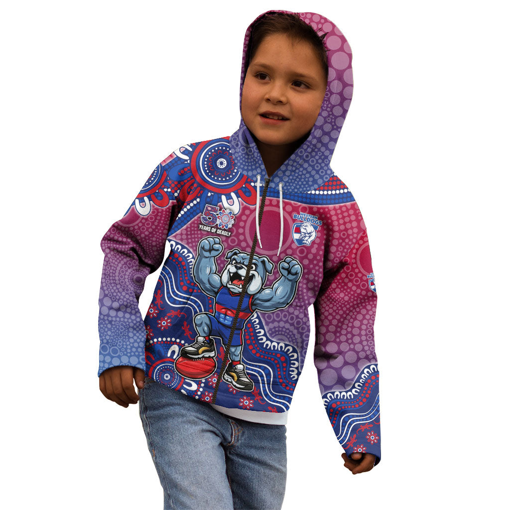 Personalized Western Bulldogs Football Mascot Kid Hoodie Aboriginal Dot Art Style Vibrant Indigenous Pattern Design