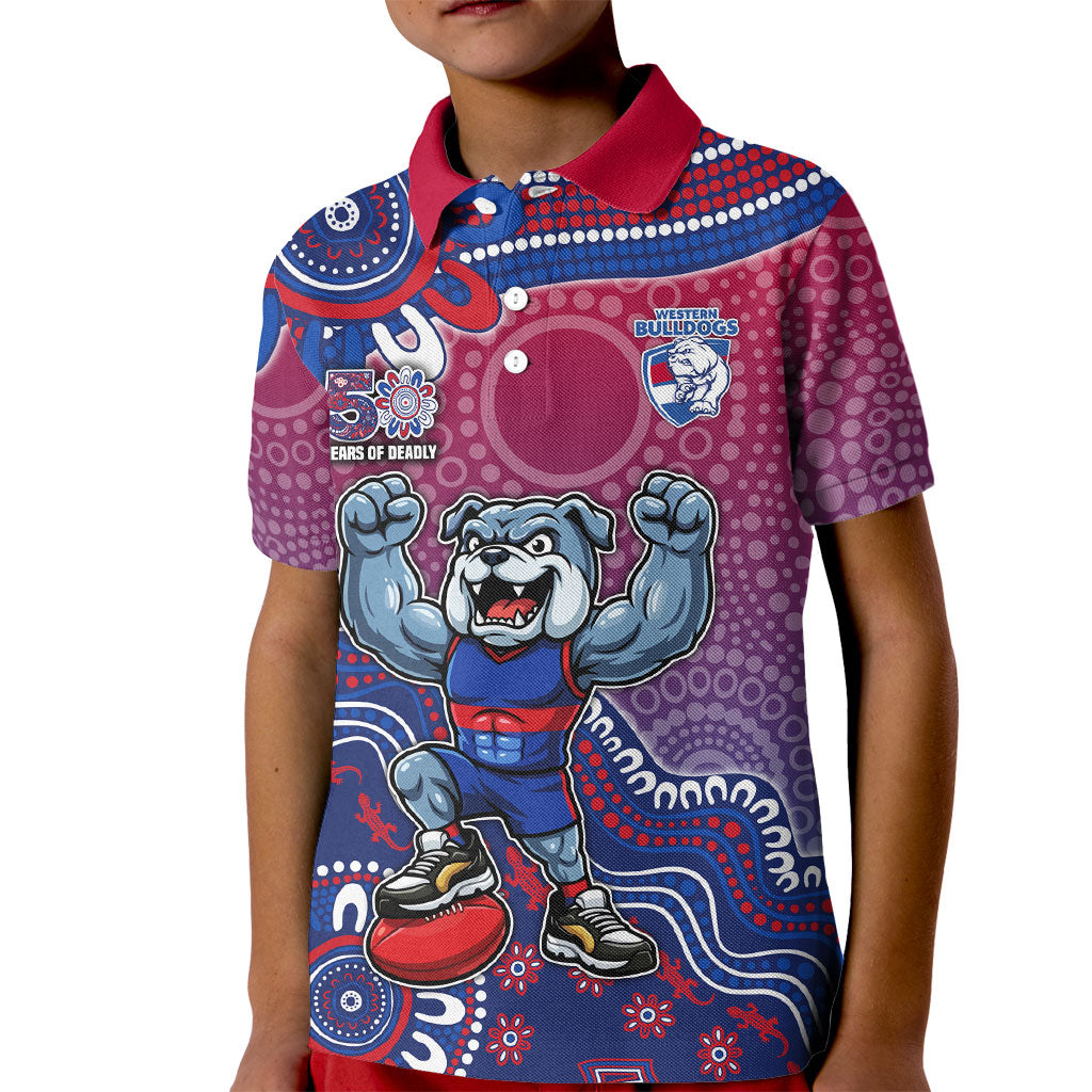 Personalized Western Bulldogs Football Mascot Kid Polo Shirt Aboriginal Dot Art Style Vibrant Indigenous Pattern Design