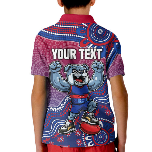 Personalized Western Bulldogs Football Mascot Kid Polo Shirt Aboriginal Dot Art Style Vibrant Indigenous Pattern Design